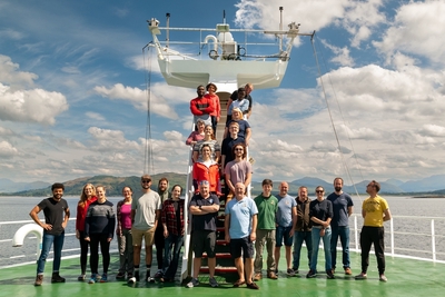 Scientists and National Marine Facilities technicians aboard the RRS James Cook during JC238. The picture was taken in Ardmucknish Bay, right before the SAMS scientists (including me!) disembarked.