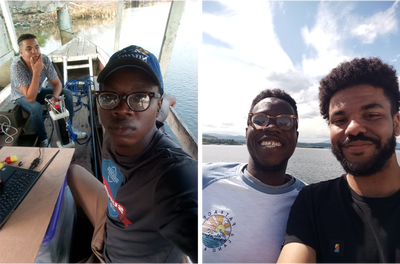 **A step forward in time with Adeola Dahunsi**. The picture on the **left** was taken in December 2018, when Adeola and I were classmates of the Master _Oceanography \& Applications_. This particular shot was taken during fieldwork on the Nokoué lake, Benin. **Four years later**, JC238 allowed us to meet again. We took the awesome selfie shown on the **right** a couple of hours before I disembarked in Ardmucknish Bay with the other SAMS scientists. Image credit: Adeola Dahunsi \& Sam Diabaté.